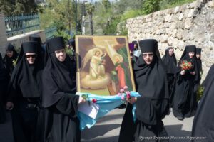 Nuns encounter a picture of Mary and the angel in Ein Kerem - from a tour of the Sergei Court Museum and the Russian Compound in Jerusalem
