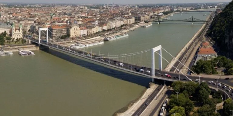Top view of the Elizabeth Bridge and the Danube River in Budapest