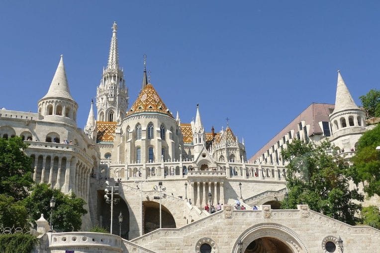 Matthias Church and the Fishermen's Bastion towers in the Castle District of Buda
